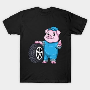 Pig as Car mechanic with Tires T-Shirt